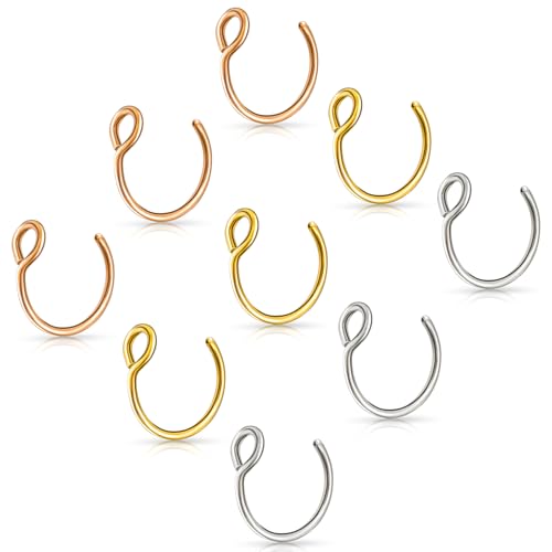 Tucnoeu 9pcs Fake Piercing Nasenring, Fake Nose Ring, Fake Nasenpiercing, Edelstahl Nasenpiercing Fakes Ring, Nasenring Fakes, 8mm(Silber Gold Roségold)