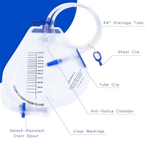 Ehoycq 5 Pack Sterile Urinary Drainage Bag,2000mL Overnight Bedside Disposable Urine Bags with Anti-Reflux Valve, 48" Tube Drainage - Thumbnail 3