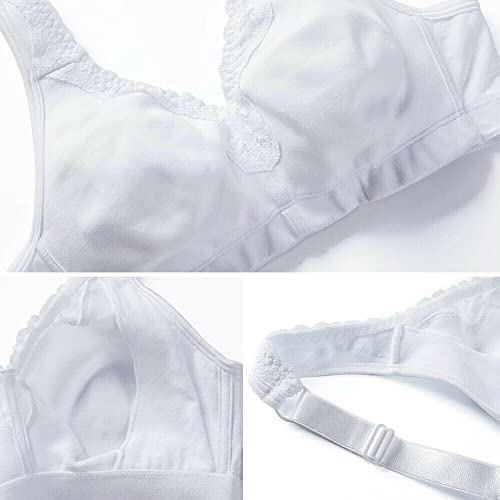 Telimussto Women's Plus Size Soft Cotton Lace Bra Full Coverage Wirefree Non-Padded 36-H White #TOP4