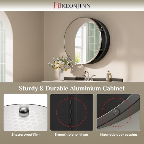 Image of Keonjinn 24 inch x 24 inch Round Medicine Cabinet Mirror, Brushed Nickel Mirror Medicine Cabinet Wall Mounted, Circular Medicine Cabinets with Mirrors, Circle Framed Vanity Mirror with Storage