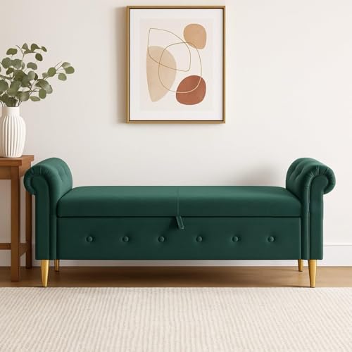 Image of Upholstered Storage Bench, Sofa Bench, Sofa couches, Ottoman Bench 2 Seater Sofa Chaise Lounger Pouffe for Living Room, Bedroom, Office | (Forest Green)