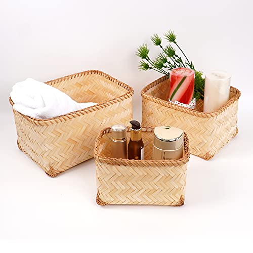 Homedy Crafts Bamboo Storage Bins Set Of 3, Handmade Decorative Woven Basket Organizer For Kitchen, Bathroom, Shelf Toy Rustic Home Decor, Natural Rectangle Wicker Organizer Baskets (Bamboo Natural) #TOP2