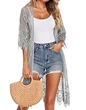 Zeagoo Womens Long Kimono Cardigans Floral Lace Crochet Beach Cover Ups with Half Sleeves Grey Large