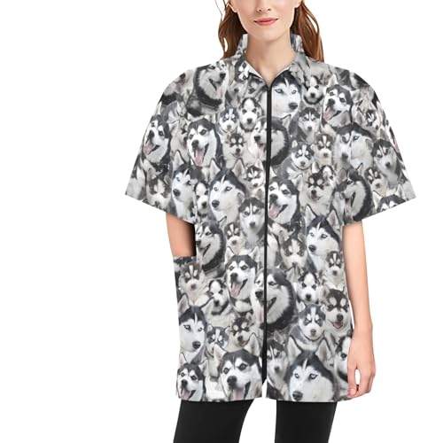 COWCUTE Pet Grooming Jacket for Husky Dog Lover, Water Resistant Smock for Dog Beauty, Husky Dog Print Jacket for Groomer