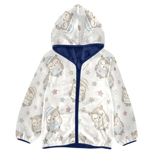 Cute Owls with Winter Hats Toddler Fleece Jacket Girl Boys Hooded Fleece Jacket Coat Warm Outwear Zip-up 3-10T