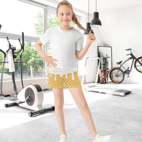 Girls Athletic Shorts Ice Cream Kids Gymnastics Yoga Dance Biker Shorts Elastic Waist with Pocket 7-15Y4