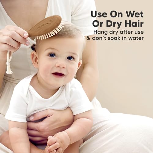 Image of Wooden Baby Hair Brush Set for Newborns, Toddler Comb (Dark Walnut, Regular) | Soft Goat Bristle, Baby Brush and Comb Set, Infant Grooming Kit, Cradle Cap Care, Durable & Gentle, Boy, Girl Bath Essential