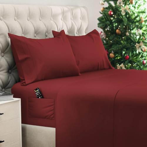 Image of DREAMCARE King Size Sheets Set - 4 pcs Breathable Cooling Sheets - up to 21 inch Extra Deep Pocket King Sheet Set with Side Pockets - Extra Soft 100% Brushed Hypoallergenic Hotel Luxury Bedding Burgundy