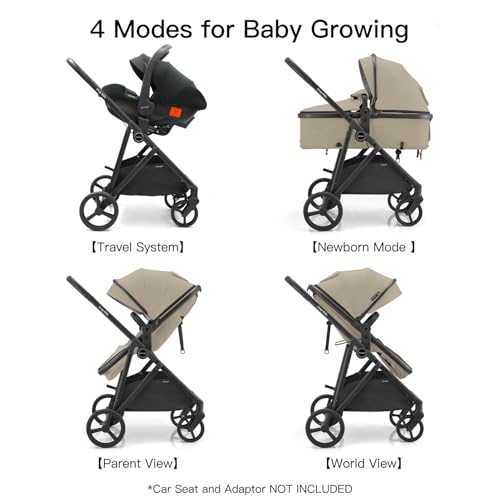Image of Gromast 3-in-1 Baby Stroller, Convertible Stroller for Newborn Infant Toddler with Reversible Seat, UPF 50+ Canopy & Cup Holder - Khaki