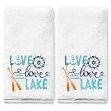 Yanhuecui Lake House Decor Hand Towels for Bathroom Set of 2, Live Love Lake House Gifts, Cotton Soft Embroidered Towels for Kitchen Bath 14x30 Inches, Nautical Housewarming Hand Towels