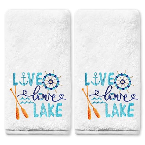 Yanhuecui Lake House Decor Hand Towels for Bathroom Set of 2, Live Love Lake House Gifts, Cotton Soft Embroidered Towels for Kitchen Bath 14x30 Inches, Nautical Housewarming Hand Towels