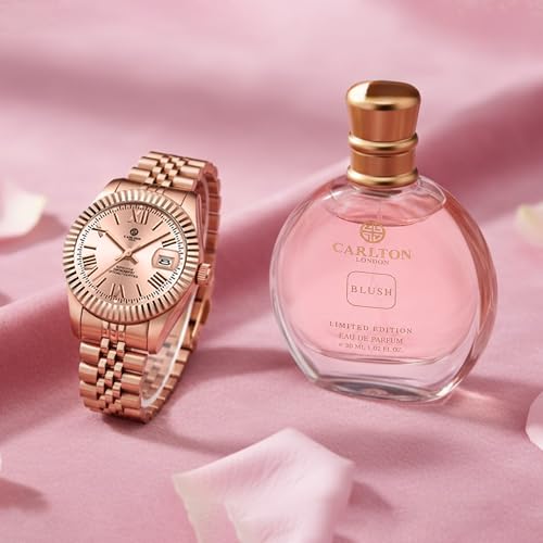 Image of Carlton London Women's Gift Set - Harper Gold Analog Watch & Blush Perfume 30ml for Women | Luxury Fashion Wrist Watch with Fragrance Combo | Elegant Gift Set for Birthday, Anniversary & Special Occasions