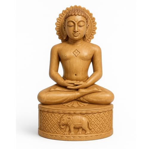 Image of RDK Handcrafted Sandalwood Mahaveer Swami Idol Pure Chandan Wood Jain Tirthankara Statue | Ideal for Worship, Decor, Gifting, Puja, Meditation & Home Temple