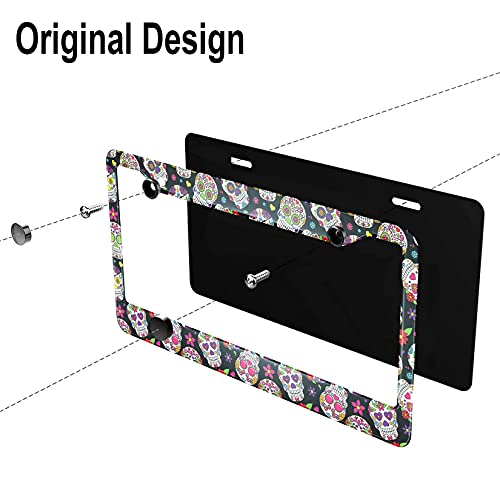 Aoyego Skull License Plate Frame Sugar Skull Flower Skeleton Head Halloween Day Of The Dead Back Plate Covers Holder Aluminum For Women Men Cars Auto Us Standard #TOP2