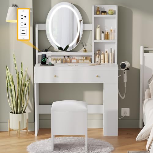DWVO Vanity Desk with Mirror and Lights, Makeup Vanity Table Set with Power Outlets and Chair, 3 Lighting Colors, Makeup Desk with 2 Drawer and Lots Storage Shelves, White Dressing Table for Bedroom
