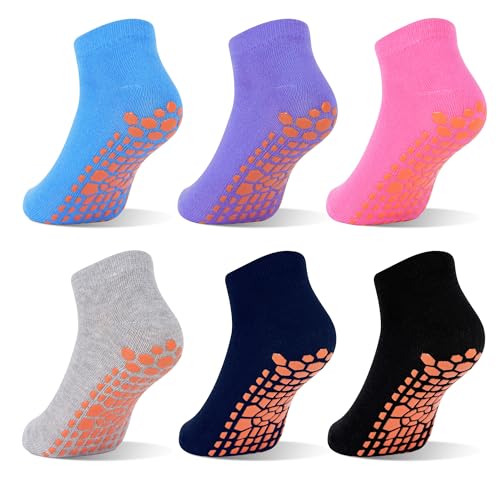 GRPSKCOS Boys Grip Socks 6 Pairs Kids Grip Socks Trampoline Sock Anti-Skid Ankle Sticky Sock for 2-13 Years Boys Girls(05 Black+Grey+Navy+Purple+Rose Red+Blue 2-5T)