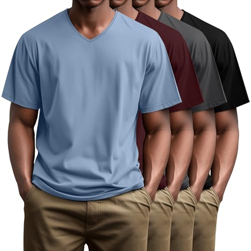 Huukeay 4 Pack Men's V Neck Cotton T Shirts M-7XL Regular Big and Tall Short Sleeve Tee 2025 Summer Clothing