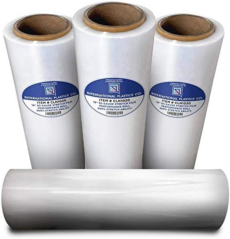 International Plastics Co. 18" Stretch Film/Wrap 1200ft 500% Stretch Clear Cling Durable Adhering Packing Moving Packaging Heavy Duty Shrink Film Stretch Wrap (4 Pack, Clear)