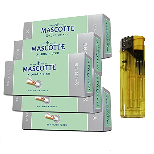 Tubos para entubar cigarrillos MASCOTTE X-LONG SIZE 200. Tubos de filtro largo. 5 paquetes de 200 + Mechero MAXIM Cover