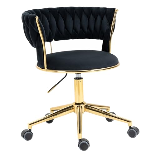 Allnifurv Home Office Chair with Hand Woven, Velvet Upholstered Desk Chair with Open Back, 360° Swivel & Height Adjustable Task Chair, Ergonomic Office Chair with Gold Base (Black)