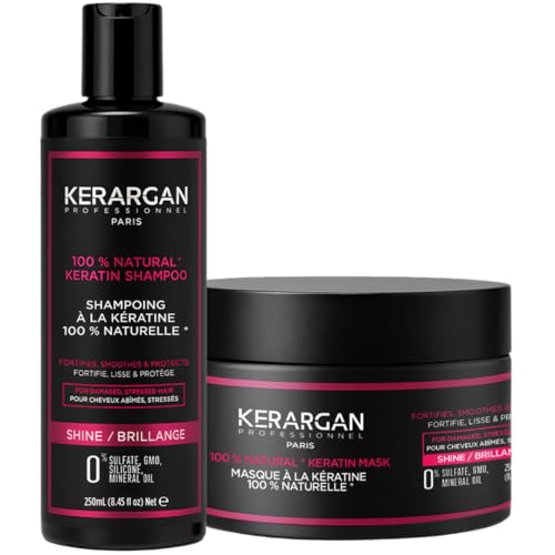 Kerargan - Duo Ultra Réparateur Shampoing & Masque à la Kératine pour Cheveux Abîmés et Stressés - Nourrit, Lisse, Protège - Sans Sulfate, Silicone, OGM, Huile Minérale - 2x250 ml