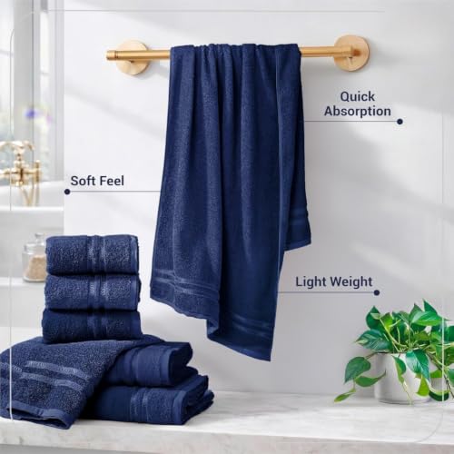 Image of 100% Cotton Terry Ultrasoft and Quick Absorbent 380 GSM Solid 6 pcs. Quick Dry Bath Towel Set for Bathroom or Gifting Towel Set (Navy Blue)