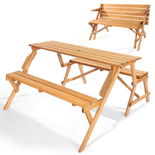 VEVOR 2-in-1 Transforming Interchangeable Picnic Table, Outdoor Wooden Table and Bench Set, Portable Foldable Bench with Umbrella Hole, Patio Dining Furniture for Garden, Backyard, Porch (Brown)