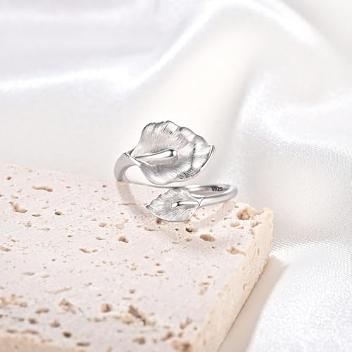925 Sterling Silver Calla Lily Ring Adjustable Open Ring for Women Flower Stacking Statement Wedding Band Ring for Women Valentine's Jewelry Gifts4