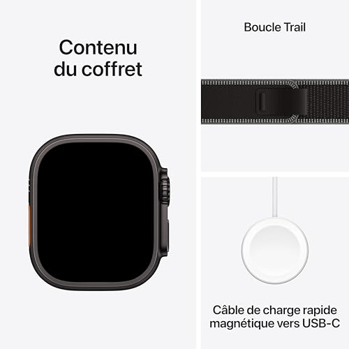Apple Watch Ultra 3 [GPS + Cellular 49 mm] Montre connectée Course à Pied et Multisport avec boîtier Titane Noir et Boucle Trail Noir/Charbon. Communications Satellite, Suivi santé et activité