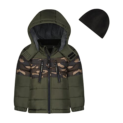 Image of LONDON FOG Boys' Toddler Color Blocked Winter Puffer Jacket with Hat