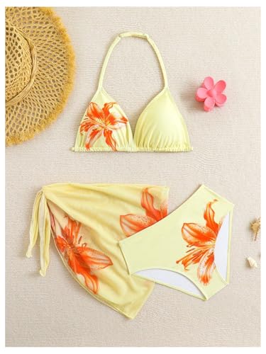 Image of SHENHE Girl's 3 Piece Swimsuits Cute Halter Triangle Bikini Bathing Suit with Beach Cover Up