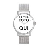 Toff London Regali fotografici personalizzati per le donne, orologio con display analogico e movimento al quarzo giapponese con cinturino in maglia argentata, orologio con incisione su misura