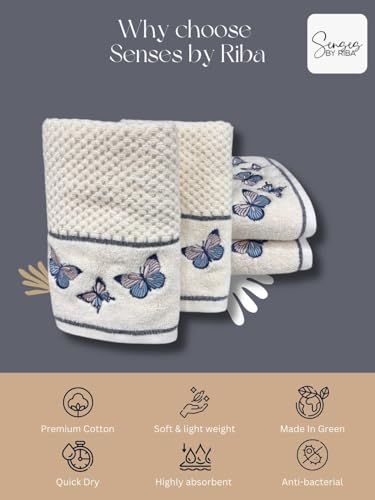 Image of SENSES By Riba Cotton Embroidered Towel Set, 550 GSM Soft & Absorbent, Antimicrobial, Oeko-Tex Certified | Ideal for Home & Gifting, Pack of 4 (2 Bath 27 inchX50 inch + 2 Hand Towels 16 inchX26 inch) - Style 12