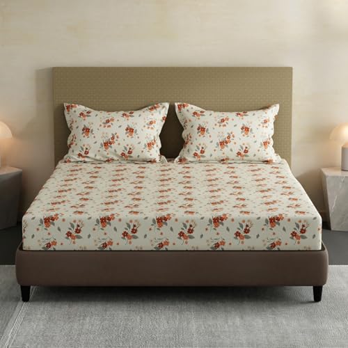 Image of Layers 100% Cotton Fitted Sheet for King Size Bed | Lumina Floret Collection | 144 TC Soft & Breathable | Floral Print with 2 Pillow Covers | Wrinkle Free & Colorfast | 3 Pc Bedding Set - White