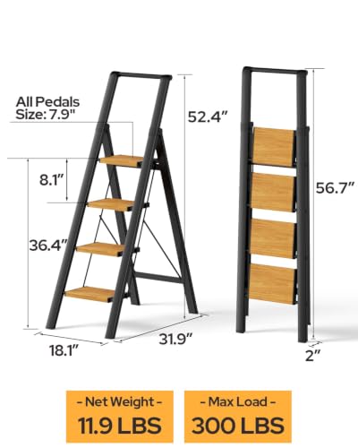 Image of 4 Step Ladder, Lightweight Aluminum Folding Step Stool with Convenient Handgrip, Stepladders with Anti-Slip and Wide Pedal for Home Use Space Saving - Black+Woodgrain