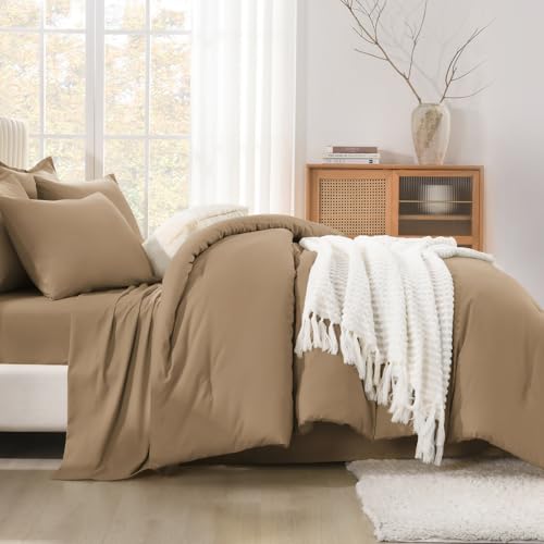 Image of Litanika Super King Plus Comforter Sets Taupe - 7 Pieces Bed in a Bag Beddding Sets, Solid Lightweight Bed Set with Comforter, Sheets, Pillowcases & Shams