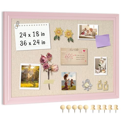 AMUSIGHT Large Pink Wood Framed Cork Board with Linen, 36" x 24"