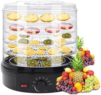 5-Tray Food Dehydrator with Adjustable Time & Temperature, Compact Fruit & Jerky Maker, 360° Airflow Technology, Ideal for Home Drying, White, 12.5"x11.5"x12.5"