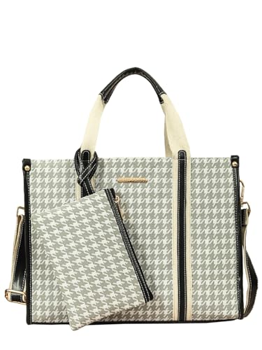 Image of Bagsy Malone Canvas & Vegan Leather Tote Bag, Built-in Bottle Holder, Laptop Compartment, Back Loop, Multi-Utility Pouch
