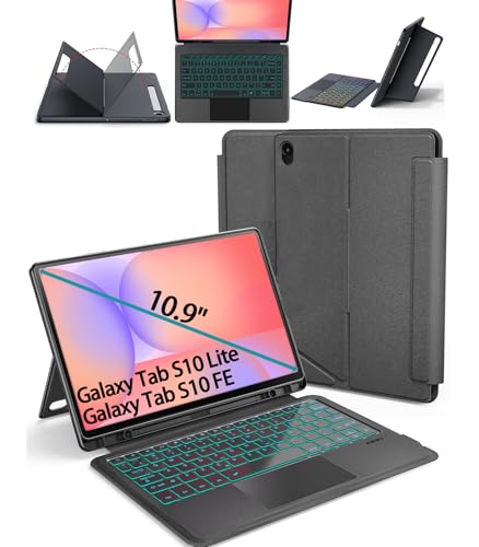 Image of for Samsung Galaxy Tab S10 FE | S10 Lite Keyboard Case 10.9 inch, S Pen Holder, 7 Color Backlit Keyboard with Trackpad, Detachable Cover with Adjustable Viewing Angle Stand for Tablet S9 FE | S9