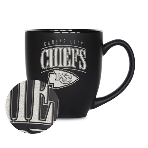Rico Industries NFL Football Kansas City Chiefs Tribute 15oz Laser Engraved Matte Black Ceramic Bistro Mug - For Hot or Cold Drinks
