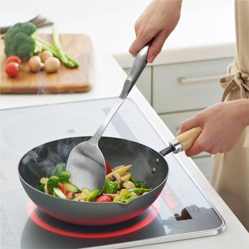 Wok Spatula 304 Stainless Steel Solid Turner for Cooking, All Metal Chinese Wok Spatula with Heat Resistant Handle, Kitchen Utensils Spatula Turner Shovel for Carbon Steel Pan, 13.7Inch/Silver