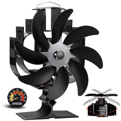 JossaColar Oscillating Wood Stove Fan Heat Powered With High Air Volume | 8- Blade Fireplace Fan with Stove Thermometer | Non-electric Cocoon Fan | Fireplace Accessories Tools