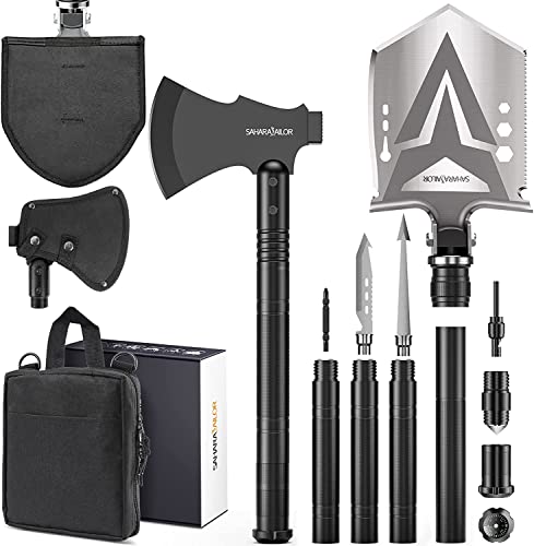 Sahara Sailor Survival Axe, Camping Folding Shovel with Hatchet with Large Shovel Head and 1.6-3.1 Ft Extented Handles, High Carbon Steel Survival Gear Equipment, Storage Bag Included