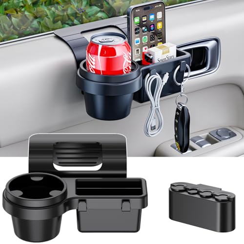 Extra Hanging Car Door Window Cup Holder with Storage Organizer Tray | Coin Holder Change Organizer Fits Most Vehicles, Trucks Interior Car Gadgets Accessories - Black, 2 Pack