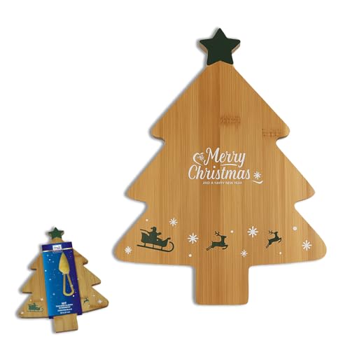 Ma Maison Set Natalizio con Tagliere in Legno + Coltello - Albero di Natale, Manico, Cucina, Vassoio da Portata, per Formaggi, Salumi, Apertivo, da Tavola, Feste, con Decorazioni - Dimensioni 22x31 cm