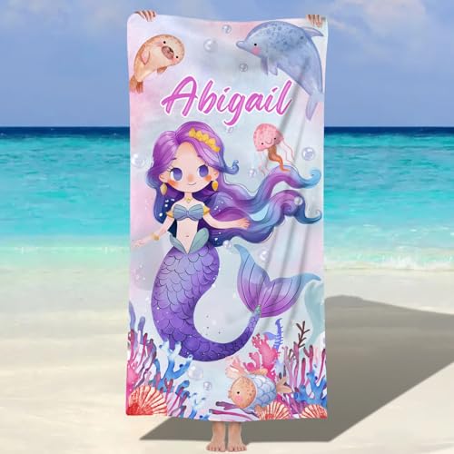 MJARTORIA Personnalisée Serviette de Plage Microfibre avec Nom, Grande Serviette de Bain pour Enfants Femme, à Séchage Rapide Anti Sable Drap de Plage pour,...