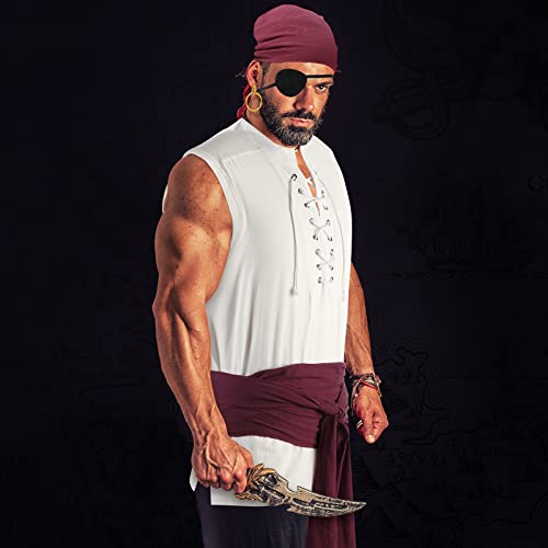 5 Pcs Adult Pirate Costume Mens Medieval Renaissance Viking Shirt Pirate Bandana Sash Belt For Halloween Cosplay Party (Small) #TOP5