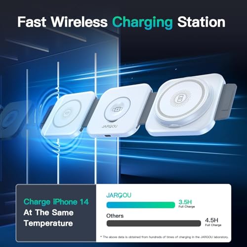 Image of JARGO 3 in 1 Wireless Charging Station for Apple Devices, Foldable iPhone Charging Station for iPhone 17 /16 /15 /14 /13 /12, Apple Watch & AirPods with Magsafe, Travel Essentials Wireless Charger (White)