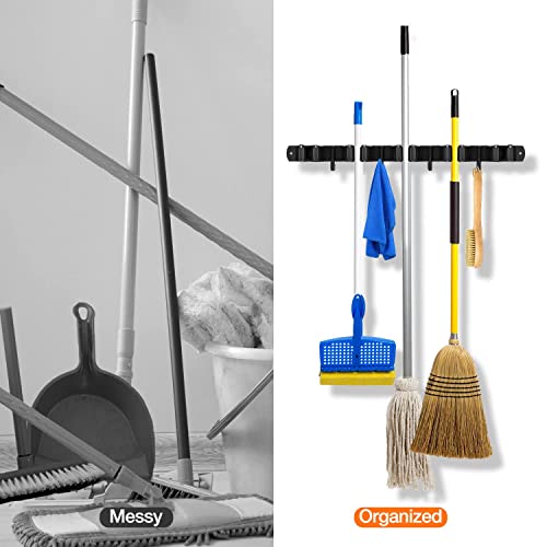 MOREMOCO Besenhalterung Wand, Besenhalter Gerätehalter Wandhalterung Edelstahl Besen Mop Halter Selbstklebend Werkzeughalter Organizer mit 5 Halter und 4 Haken für Zuhause, Küche, Garage, Garten